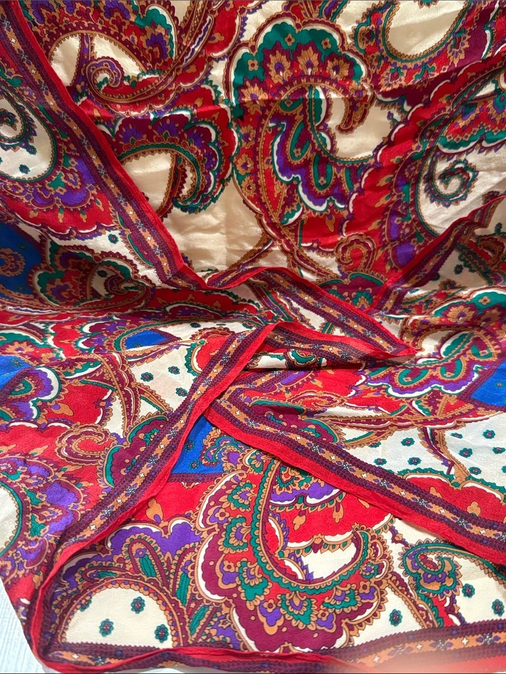 Vintage 1960’s Paisley delicate Silk Scarf in Red, Blue & Cream